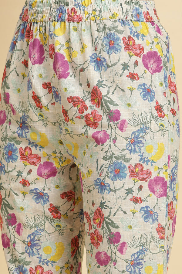 Ecru Floral Printed Kurta, Pants & Dupatta Set