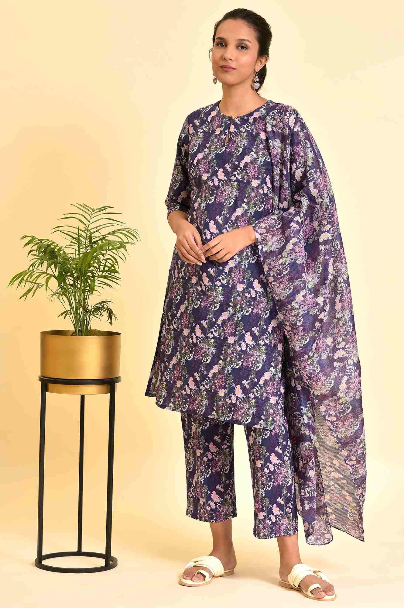 Purple Floral Printed Kurta, Pants &amp; Dupatta Set - wforwoman