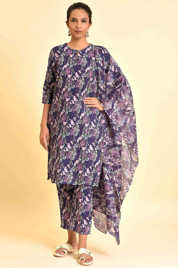 Purple Floral Printed Kurta, Pants & Dupatta Set