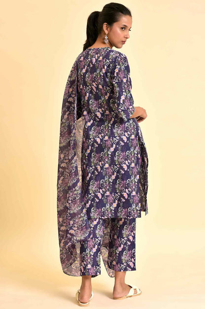 Purple Floral Printed Kurta, Pants &amp; Dupatta Set - wforwoman