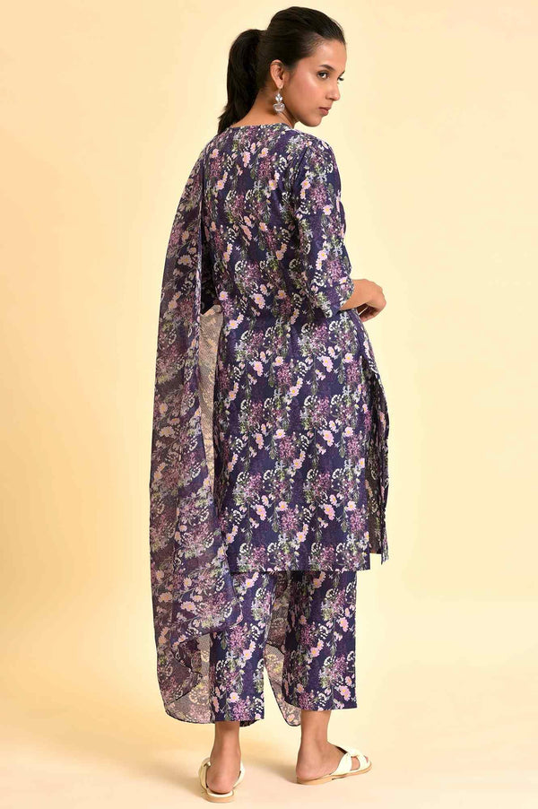 Purple Floral Printed Kurta, Pants & Dupatta Set