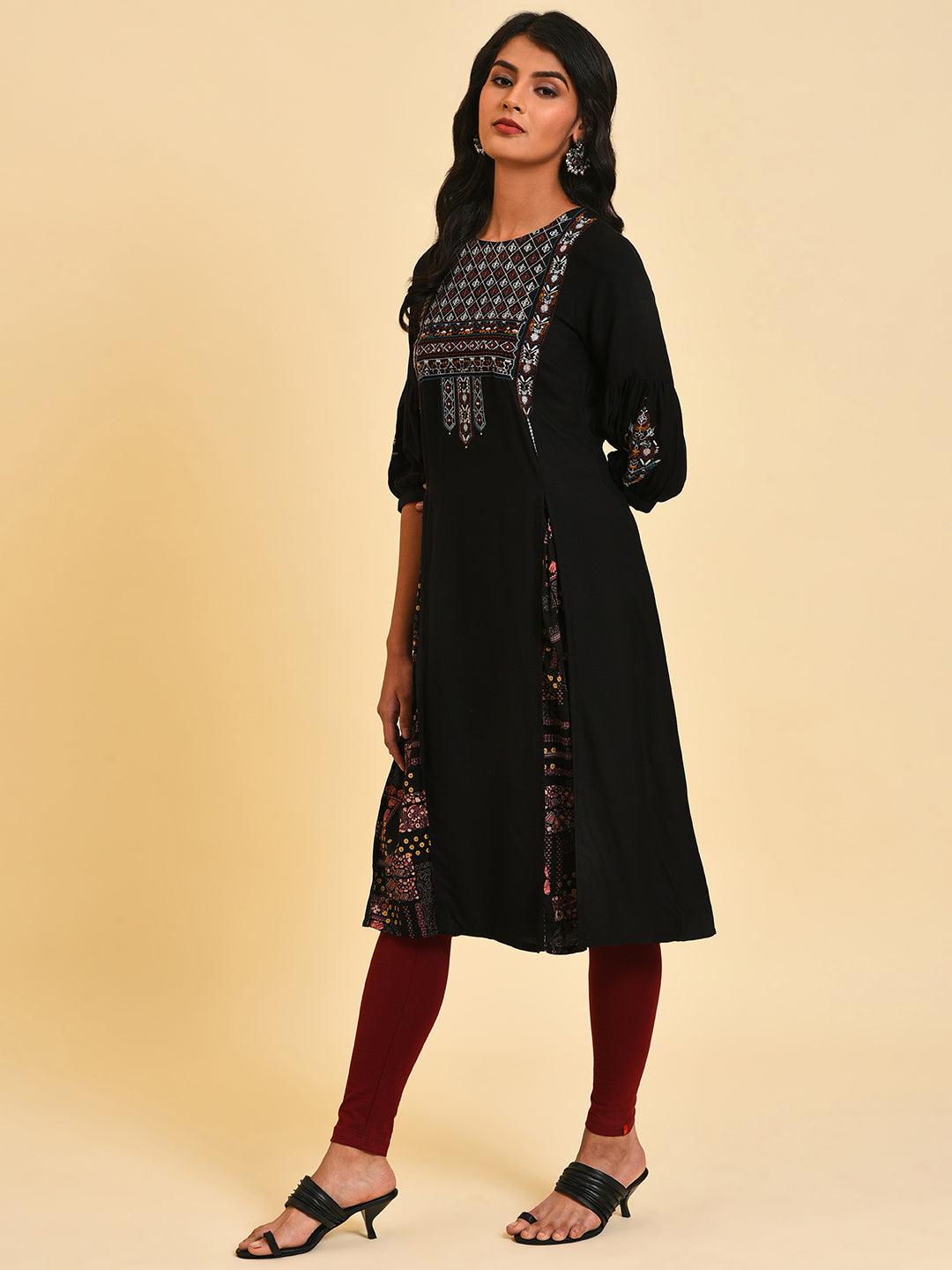 Black Embroidered Tunic And Tights Set - wforwoman