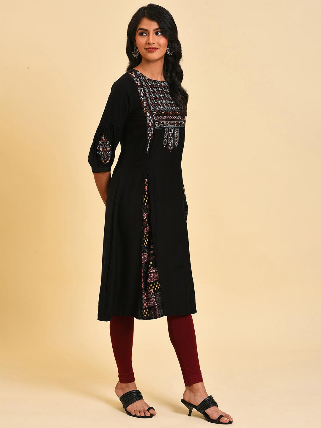 Black Embroidered Tunic And Tights Set - wforwoman