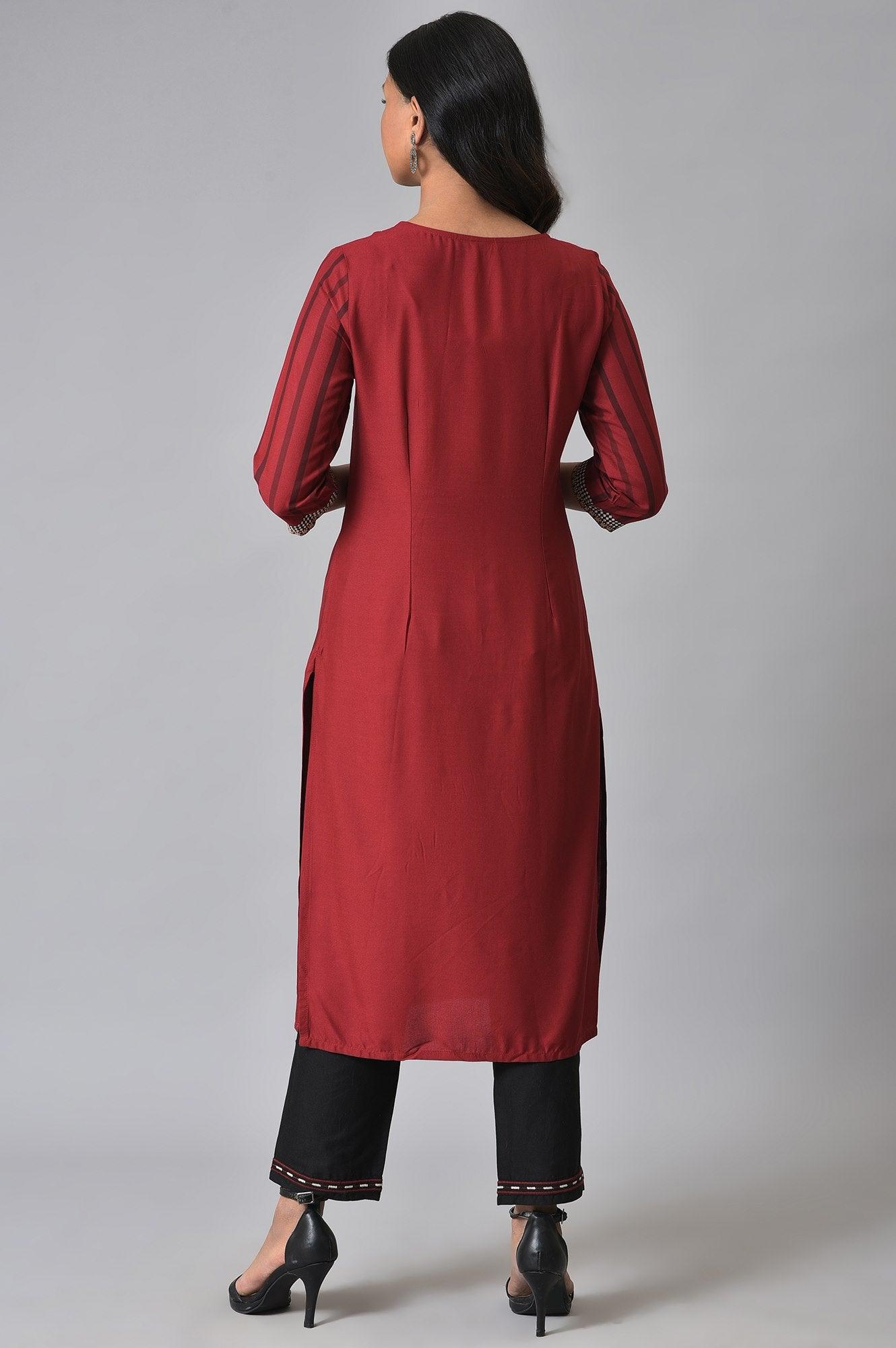 Red Stripe Sraight kurta Set - wforwoman