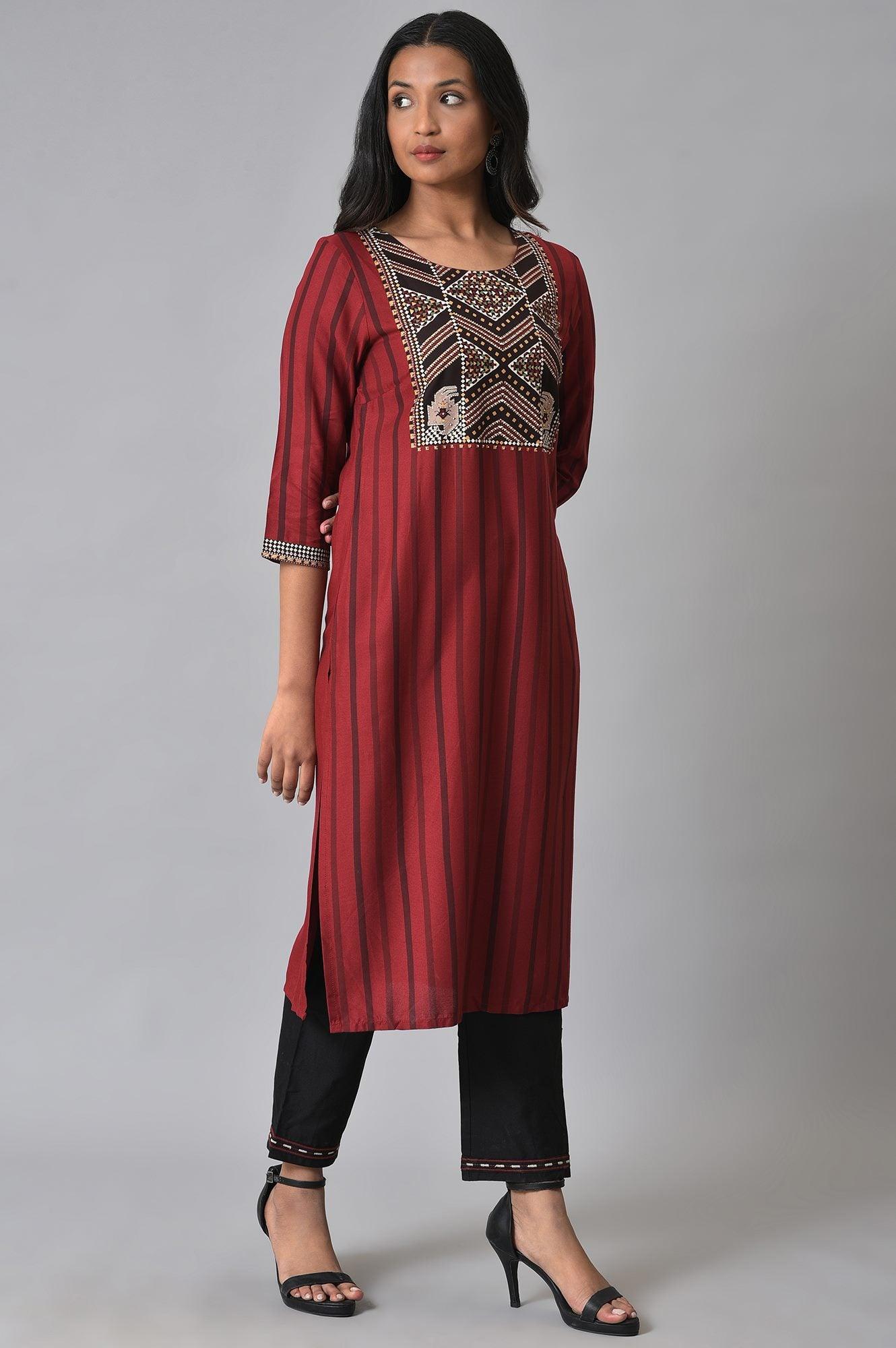 Red Stripe Sraight kurta Set - wforwoman