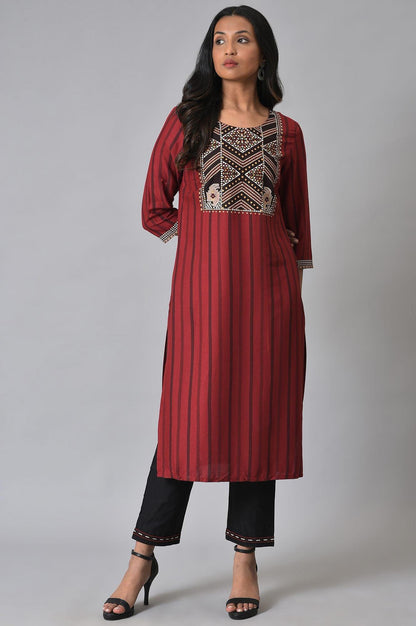 Red Stripe Sraight kurta Set - wforwoman