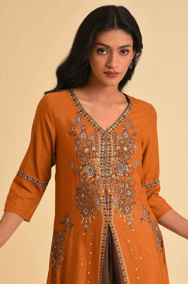 Dark Yellow Printed Godget Dress & Tights Set