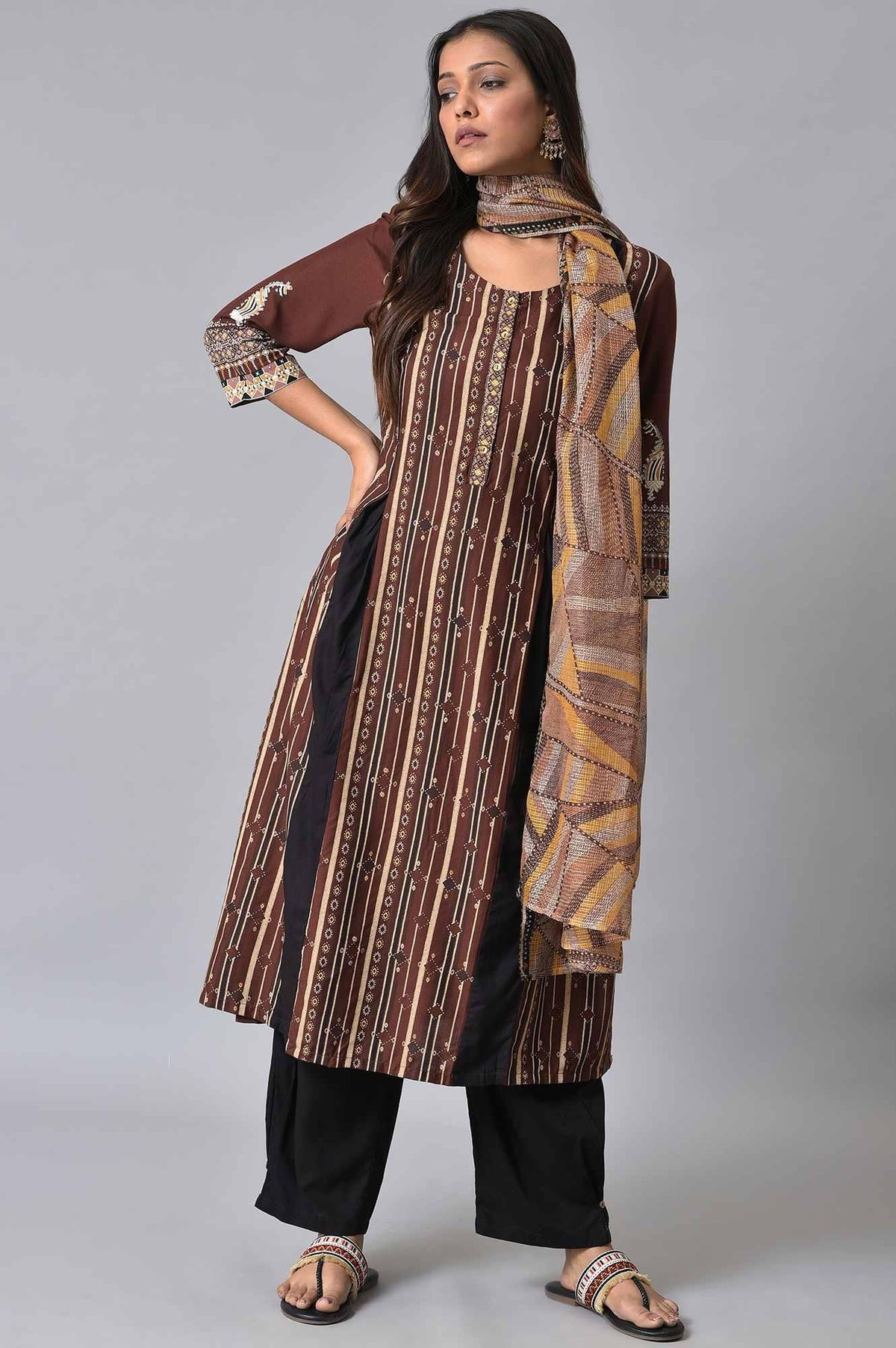 Brown Stripe Print kurta Set - XS