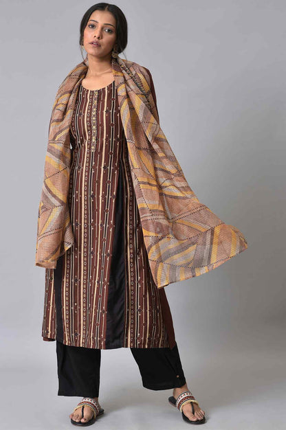 Brown Stripe Print kurta Set - wforwoman