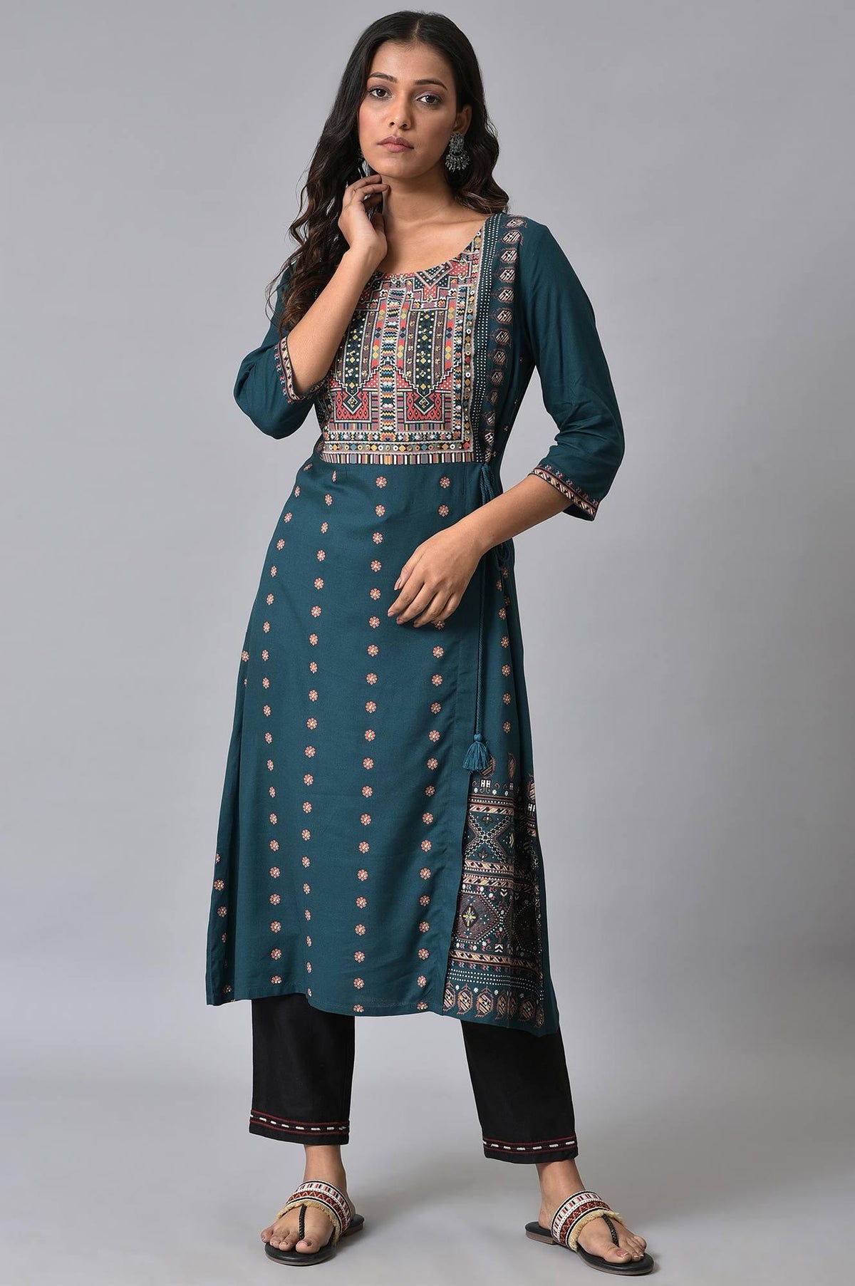 Teal Printed Mock-Layer kurta Set - 6