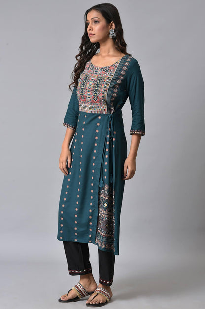 Teal Printed Mock-Layer kurta Set - wforwoman
