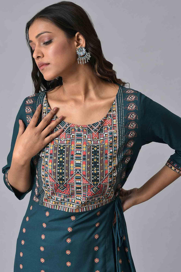 Teal Printed Mock-Layer kurta Set