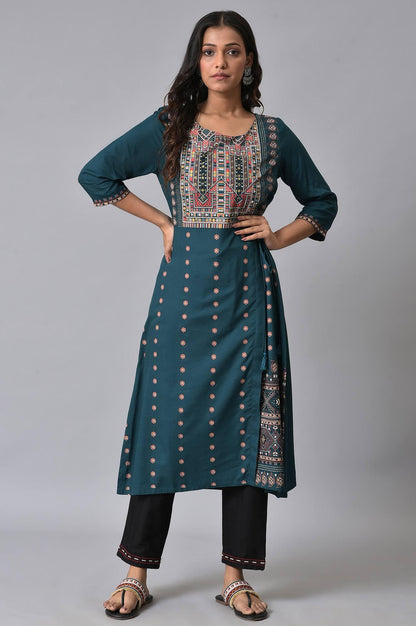 Teal Printed Mock-Layer kurta Set - wforwoman