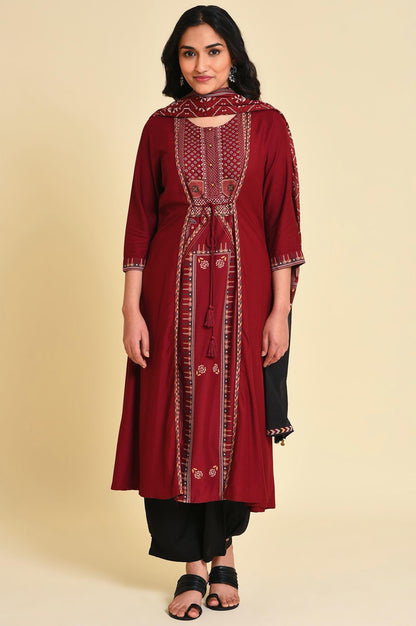 Red Mock Layer kurta Set - wforwoman