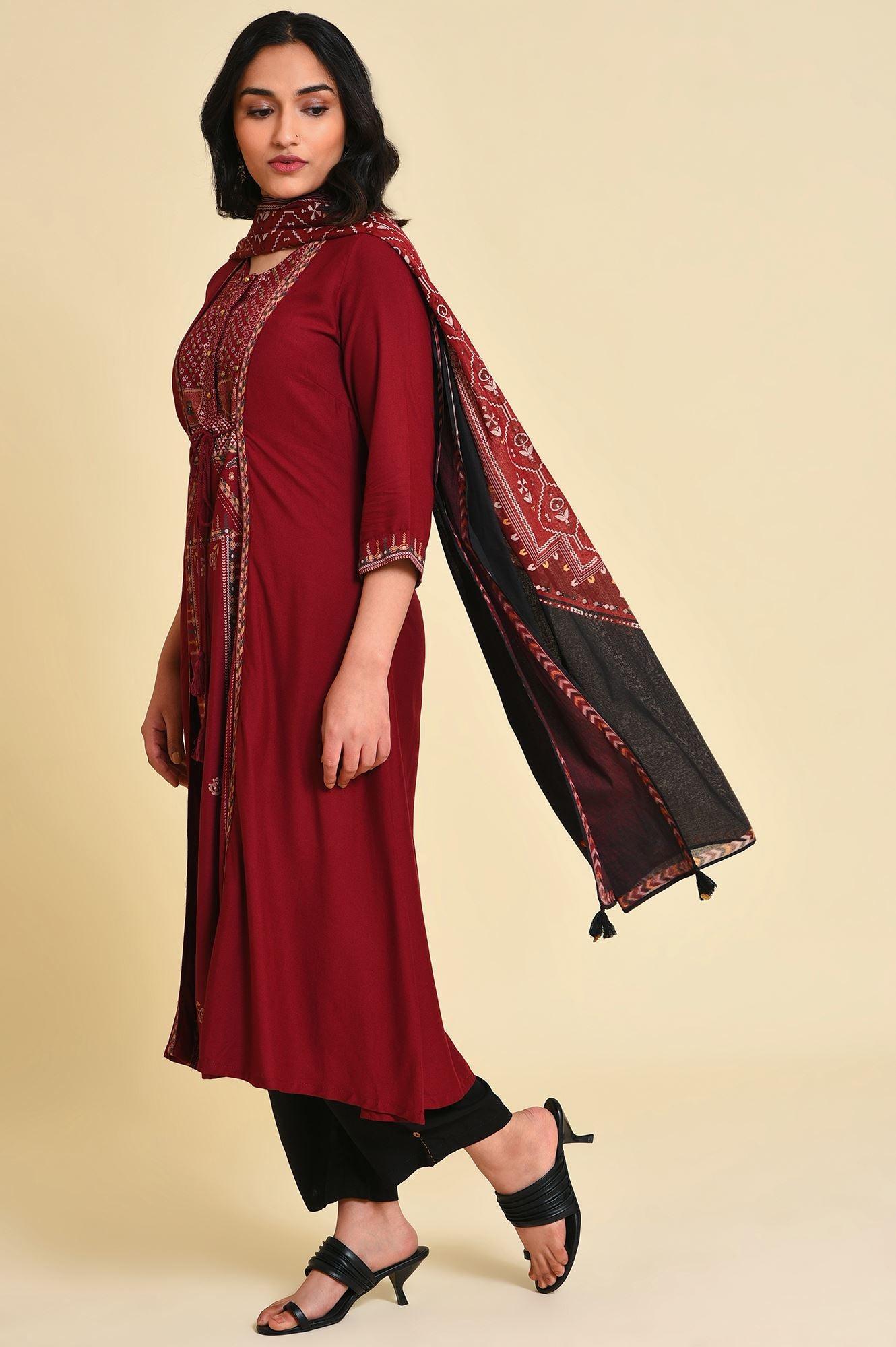 Red Mock Layer kurta Set - wforwoman