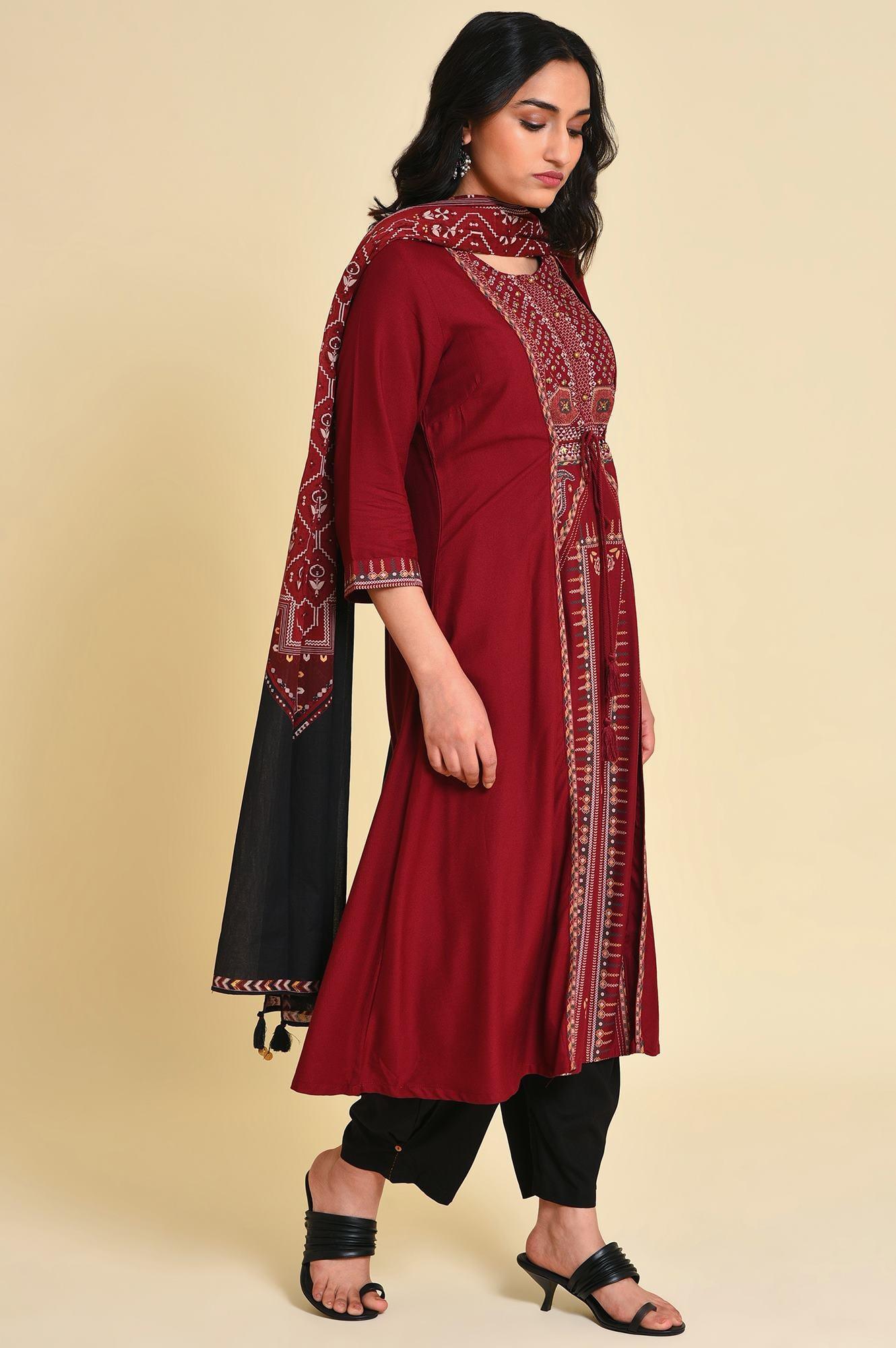 Red Mock Layer kurta Set - wforwoman