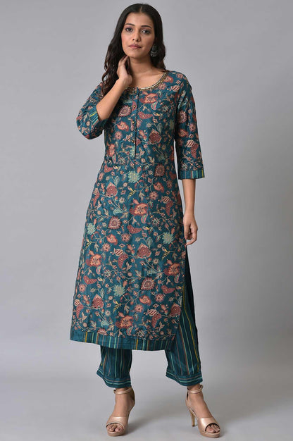 Teal Printed Embellished kurta Pant Set - wforwoman