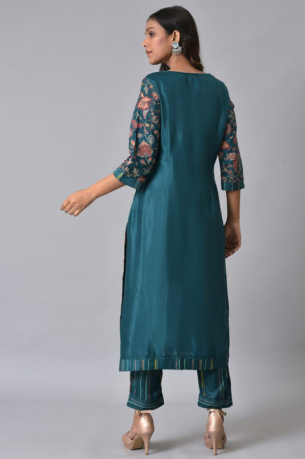 Teal Printed Embellished kurta Pant Set