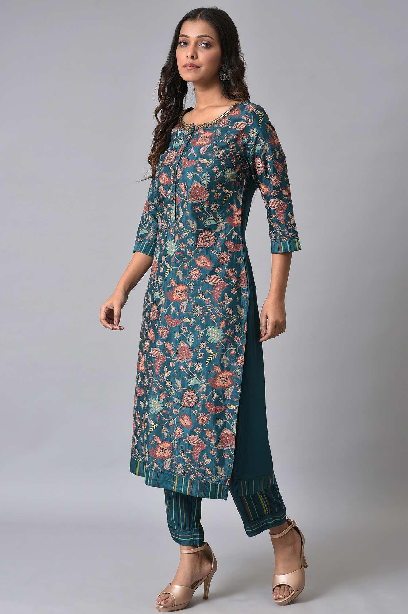 Teal Printed Embellished kurta Pant Set - wforwoman