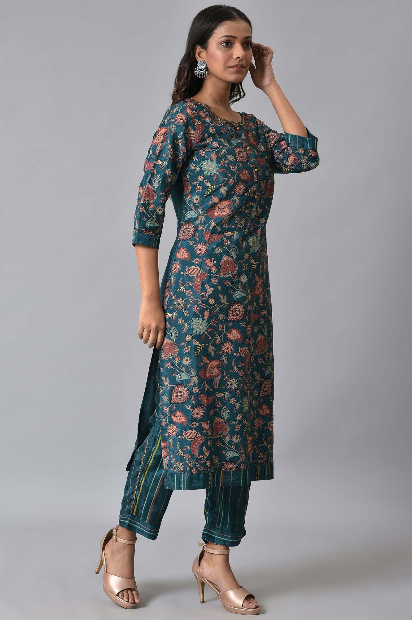 Teal Printed Embellished kurta Pant Set - wforwoman