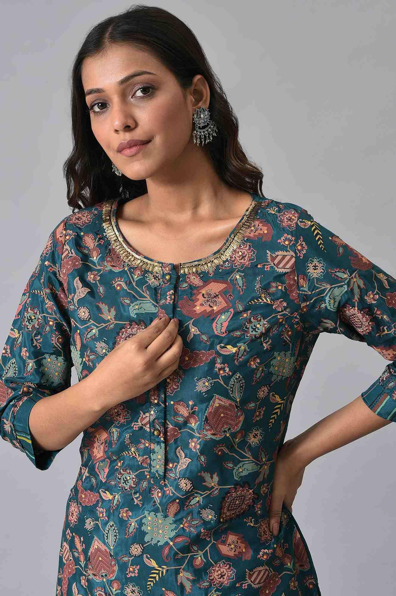 Teal Printed Embellished kurta Pant Set - wforwoman