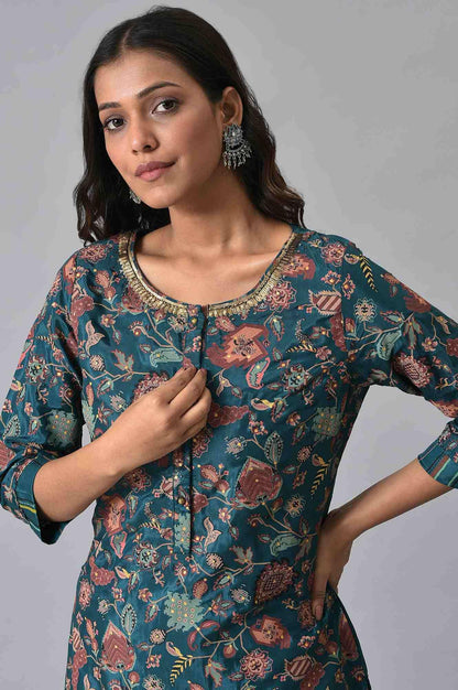 Teal Printed Embellished kurta Pant Set - wforwoman