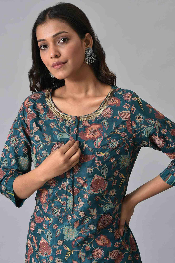 Teal Printed Embellished kurta Pant Set