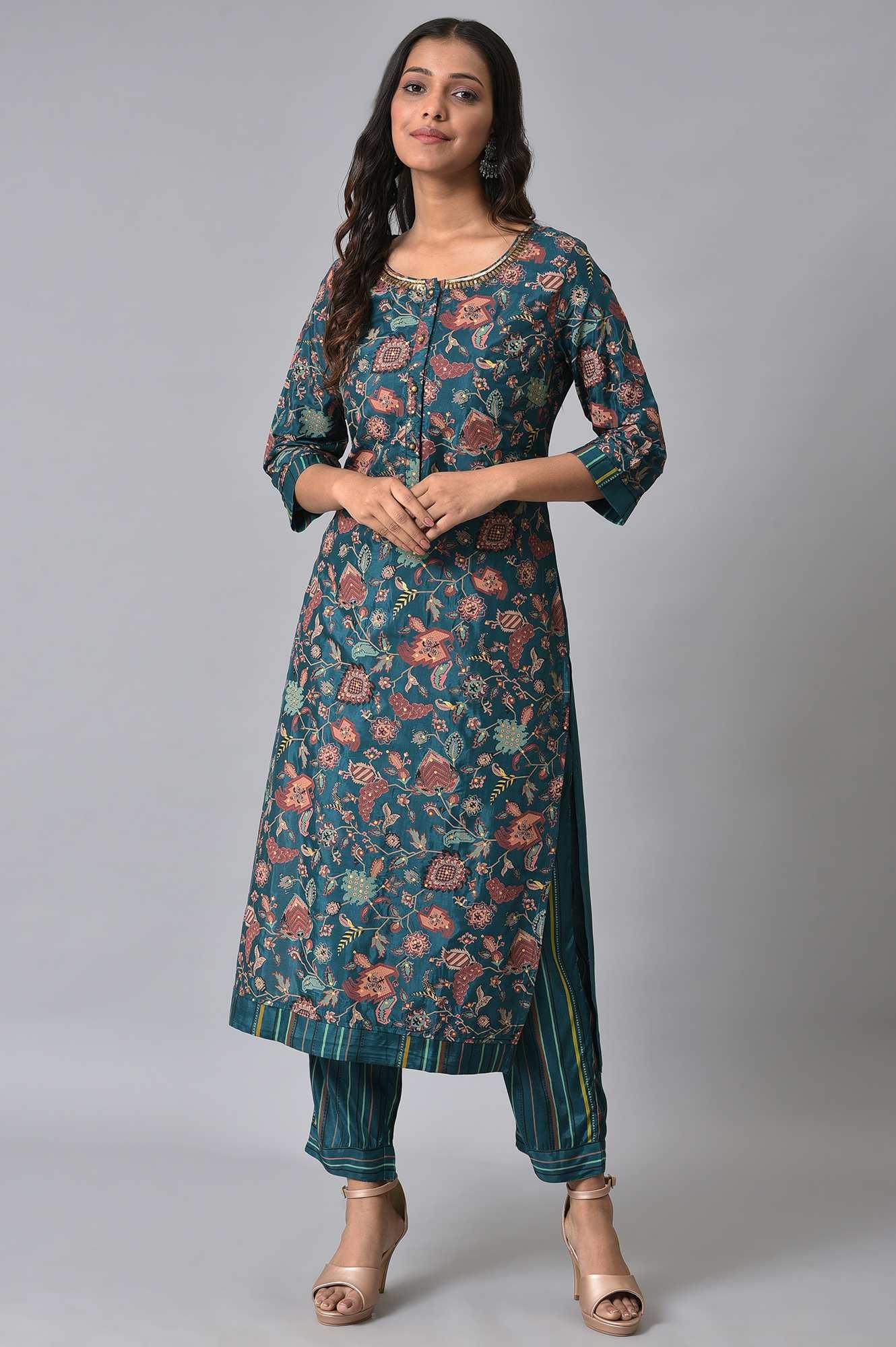 Teal Printed Embellished kurta Pant Set - wforwoman