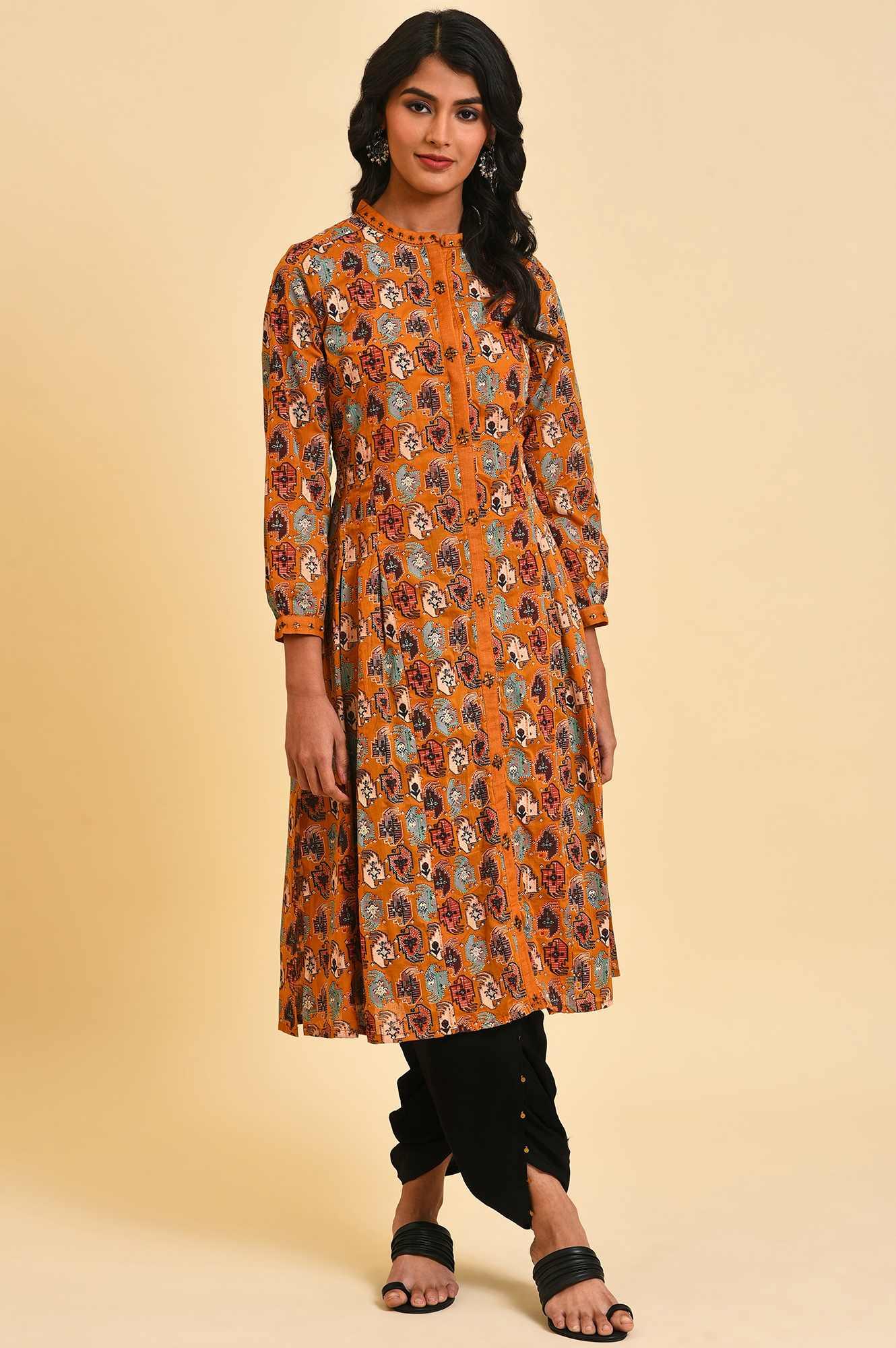 Dark Yellow Printed Shirt Dress Set - wforwoman