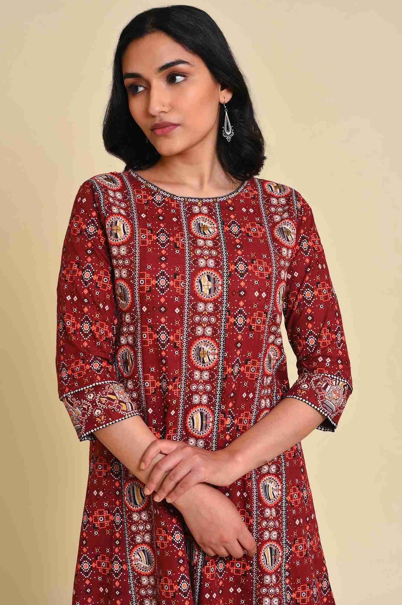 Dark Red A-Line kurta Set - wforwoman