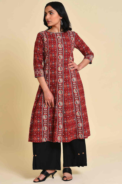 Dark Red A-Line kurta Set - wforwoman