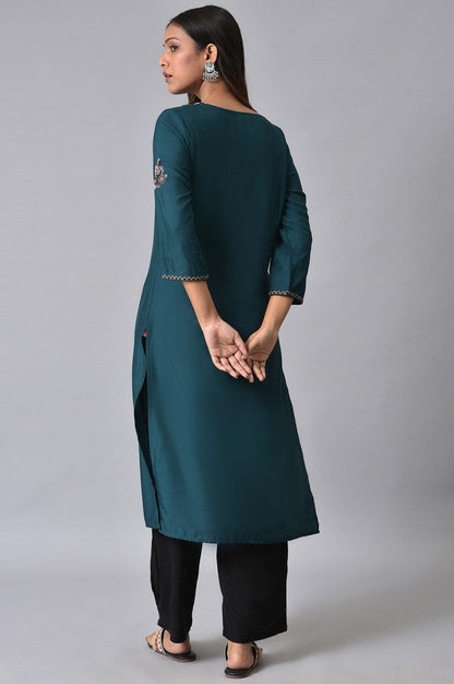 Teal Embroidered Round Neck kurta - wforwoman