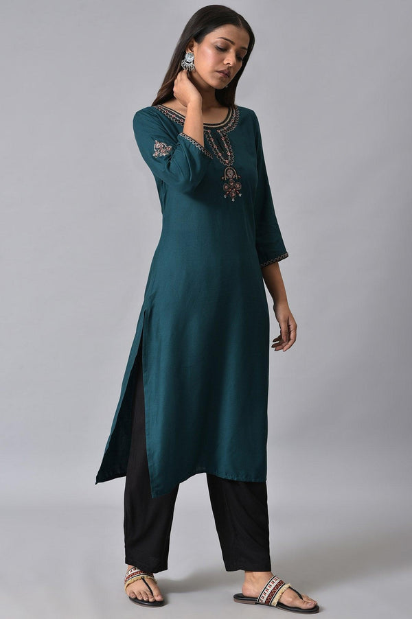 Teal Embroidered Plus Size Round Neck kurta