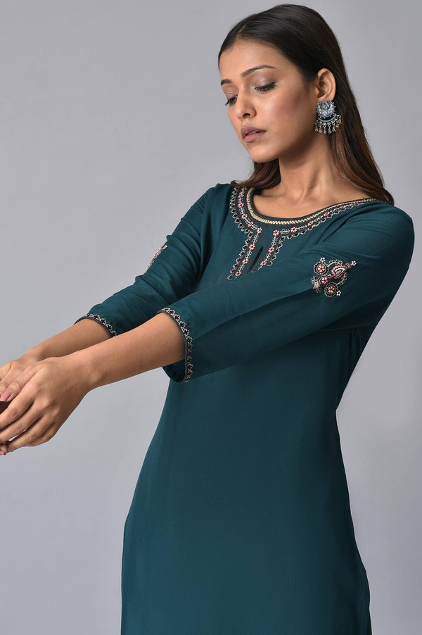 Teal Embroidered Plus Size Round Neck kurta