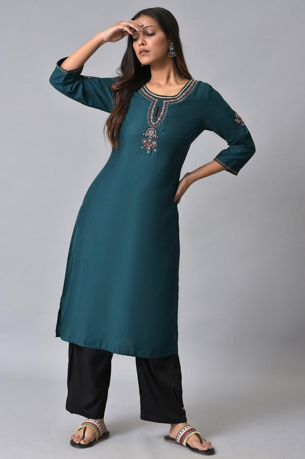 Teal Embroidered Plus Size Round Neck kurta