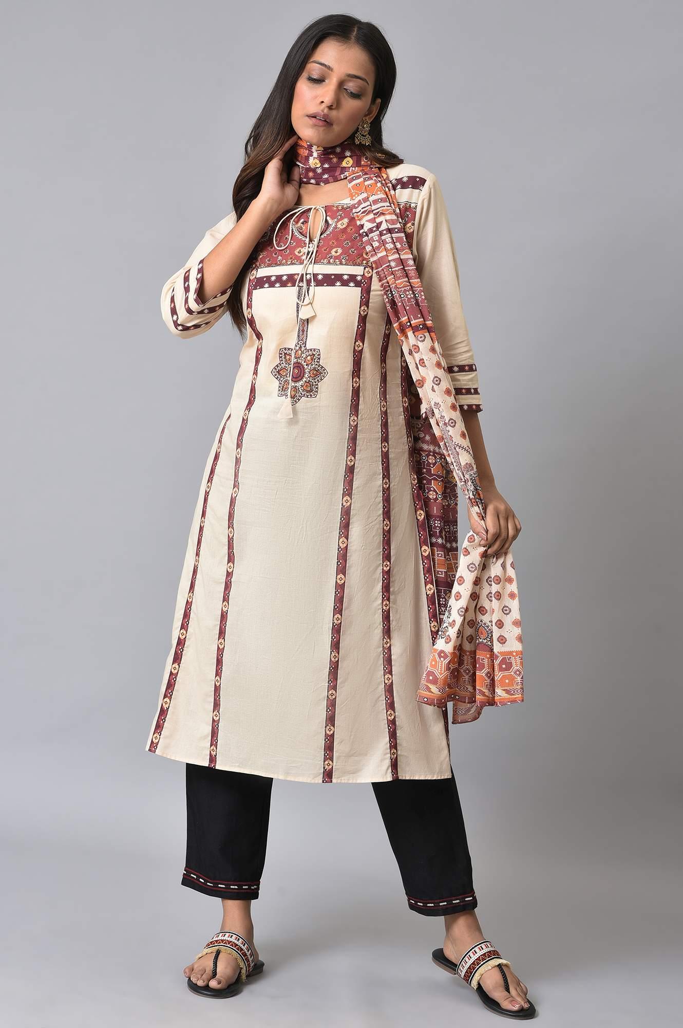 Ecru Straight Printed kurta Set - wforwoman