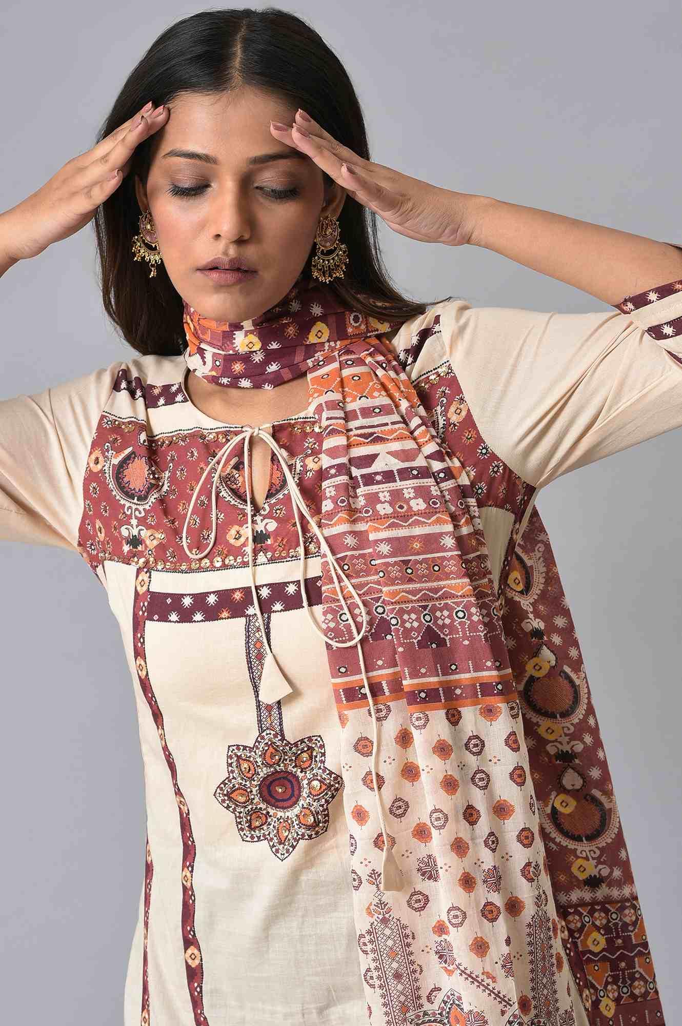 Ecru Straight Printed kurta Set - wforwoman
