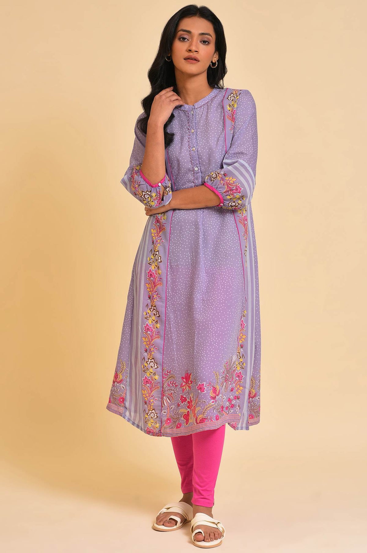 Light Purple Placement Printed Tunic And Tights Set - XS