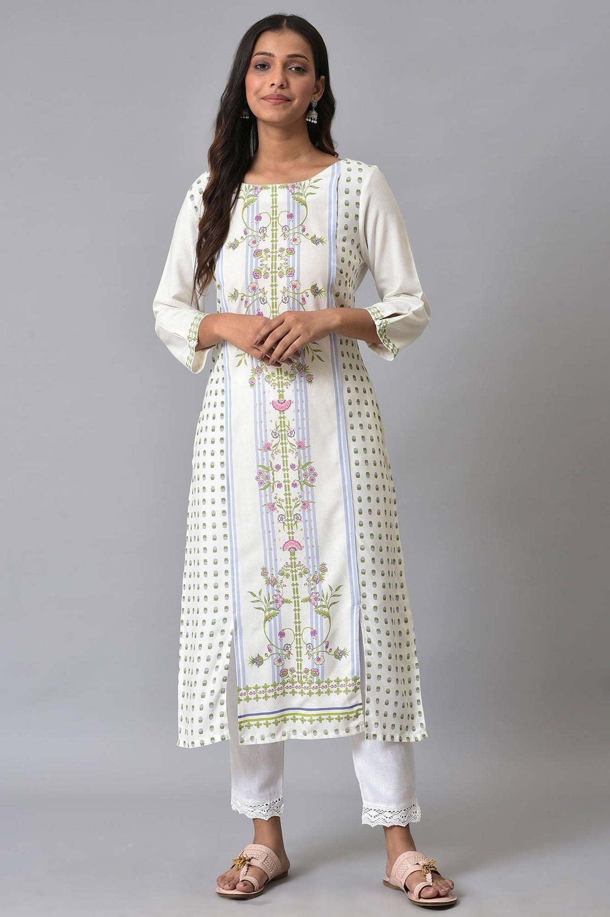 Ecru Placement Print kurta Set - S