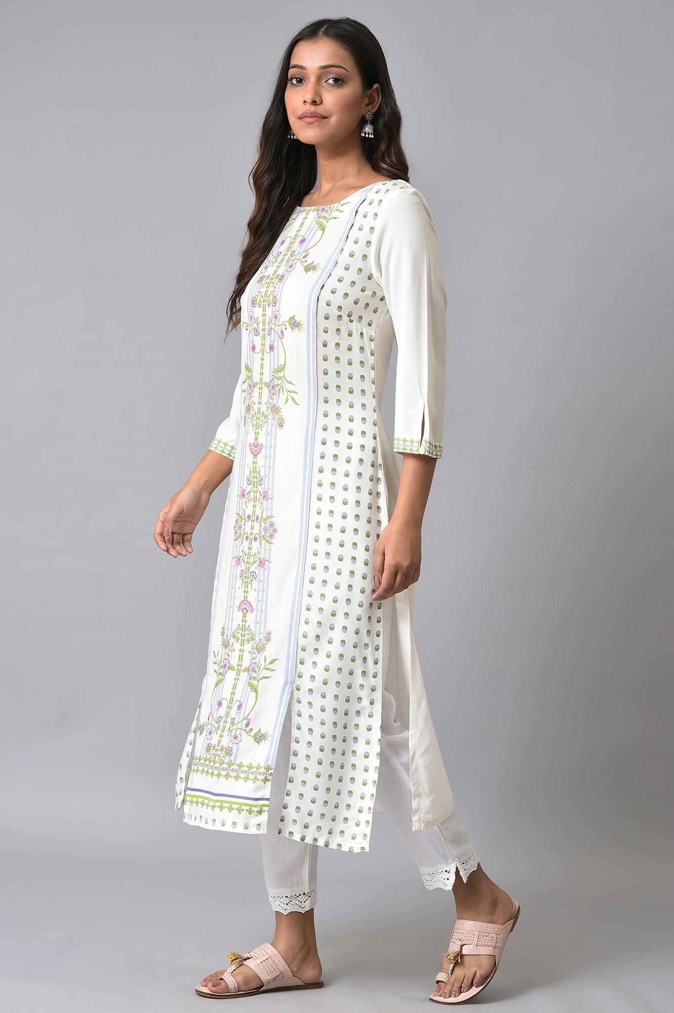 Ecru Placement Print kurta Set - wforwoman