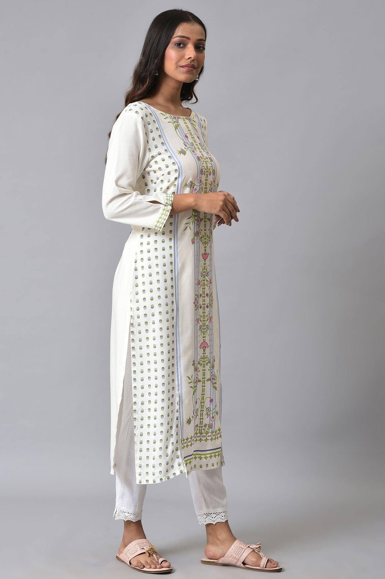 Ecru Placement Print kurta Set - wforwoman