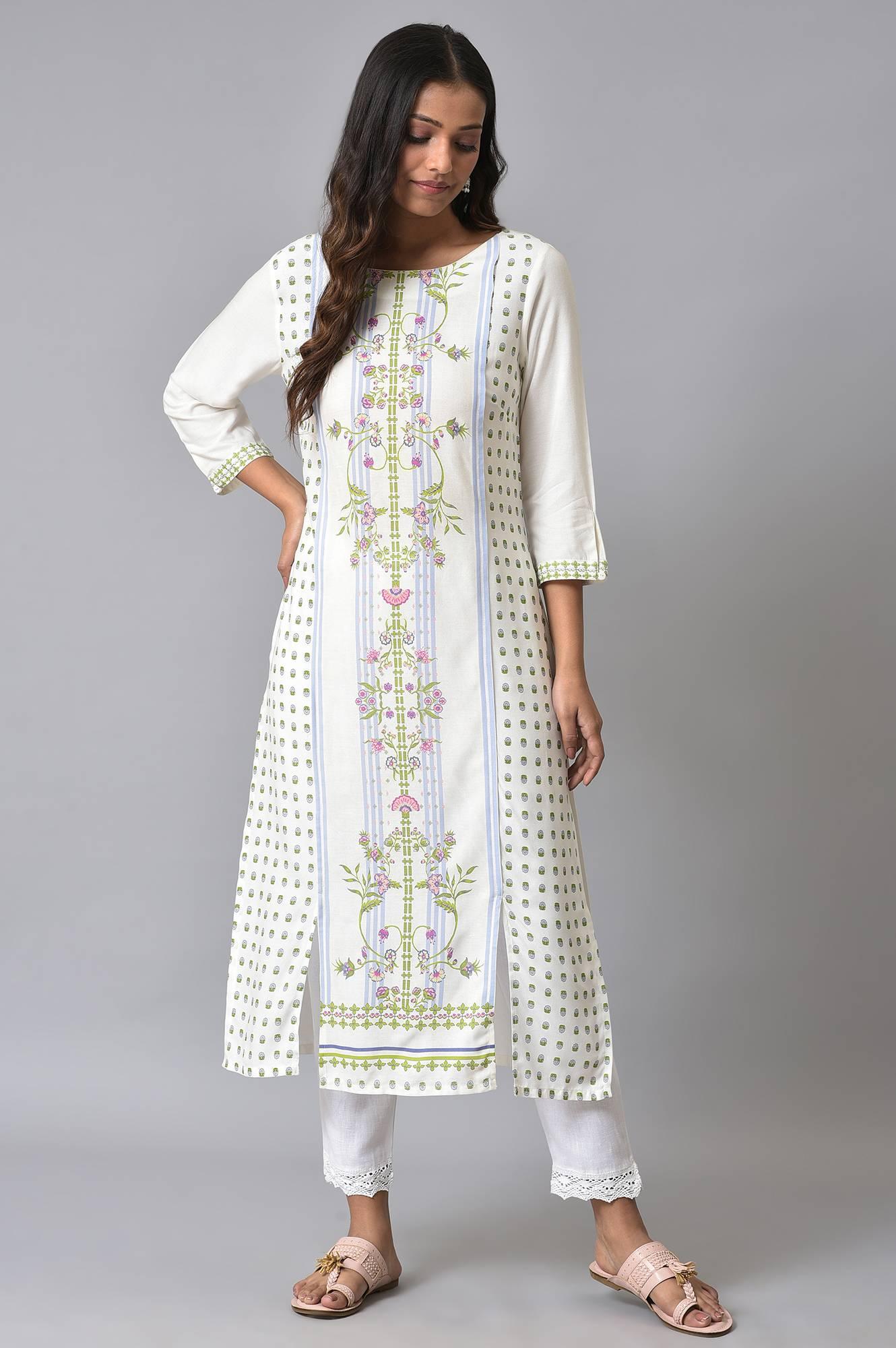 Ecru Placement Print kurta Set - wforwoman