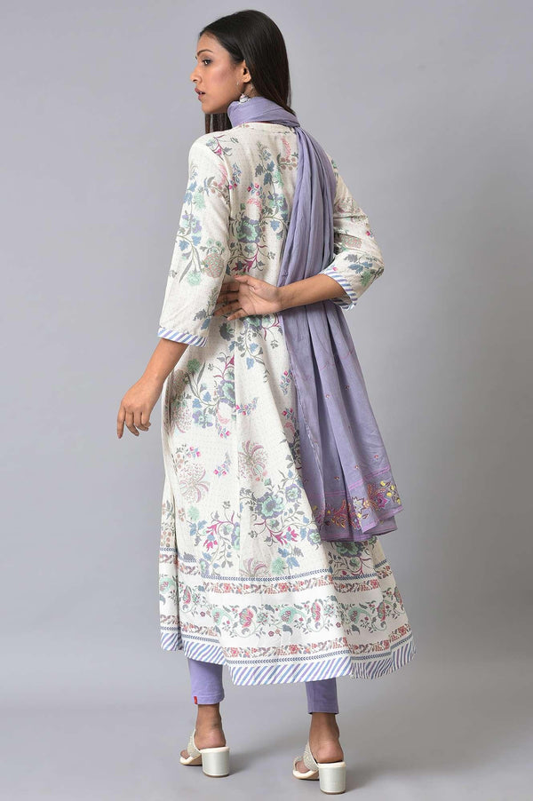 Ecru Floral Printed Flared kurta Set