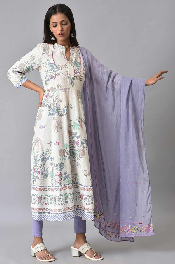 Ecru Floral Printed Flared kurta Set