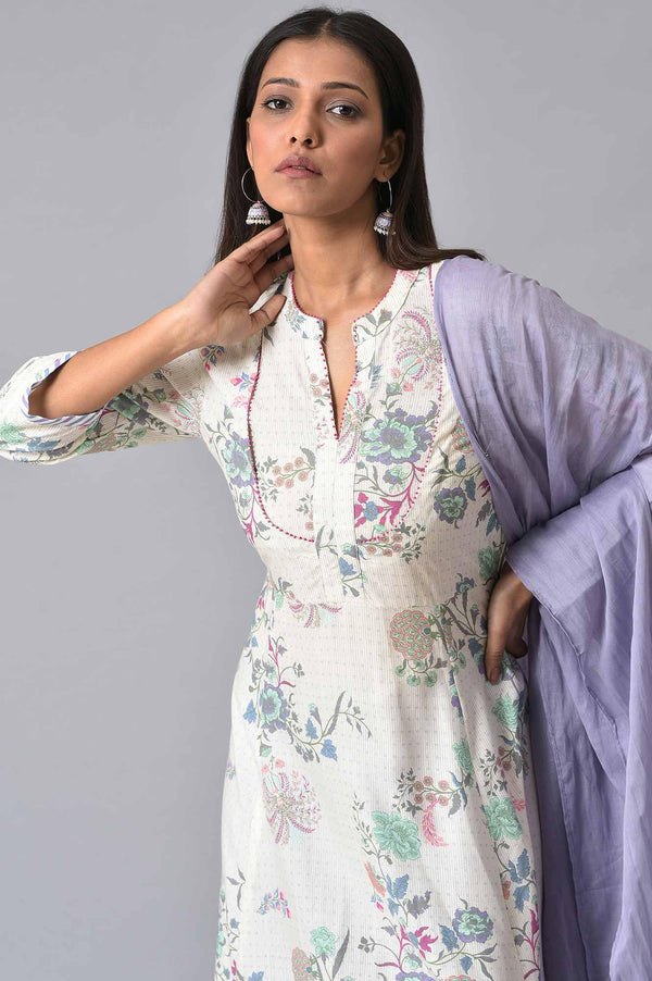 Ecru Floral Printed Flared kurta Set