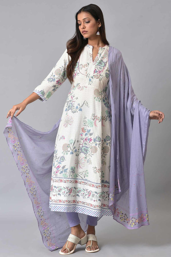 Ecru Floral Printed Flared kurta Set