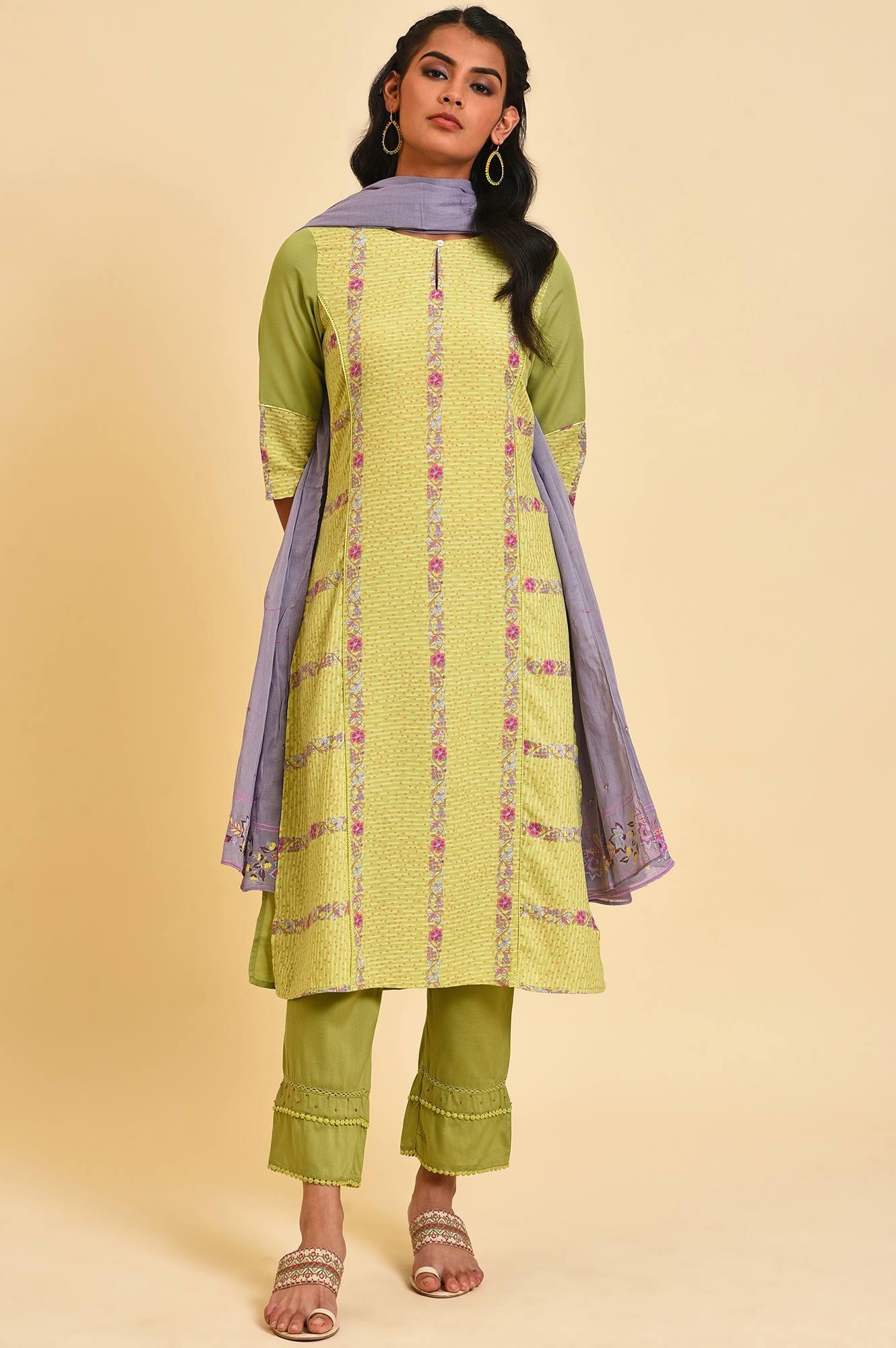 Green Floral Printed kurta Set - wforwoman