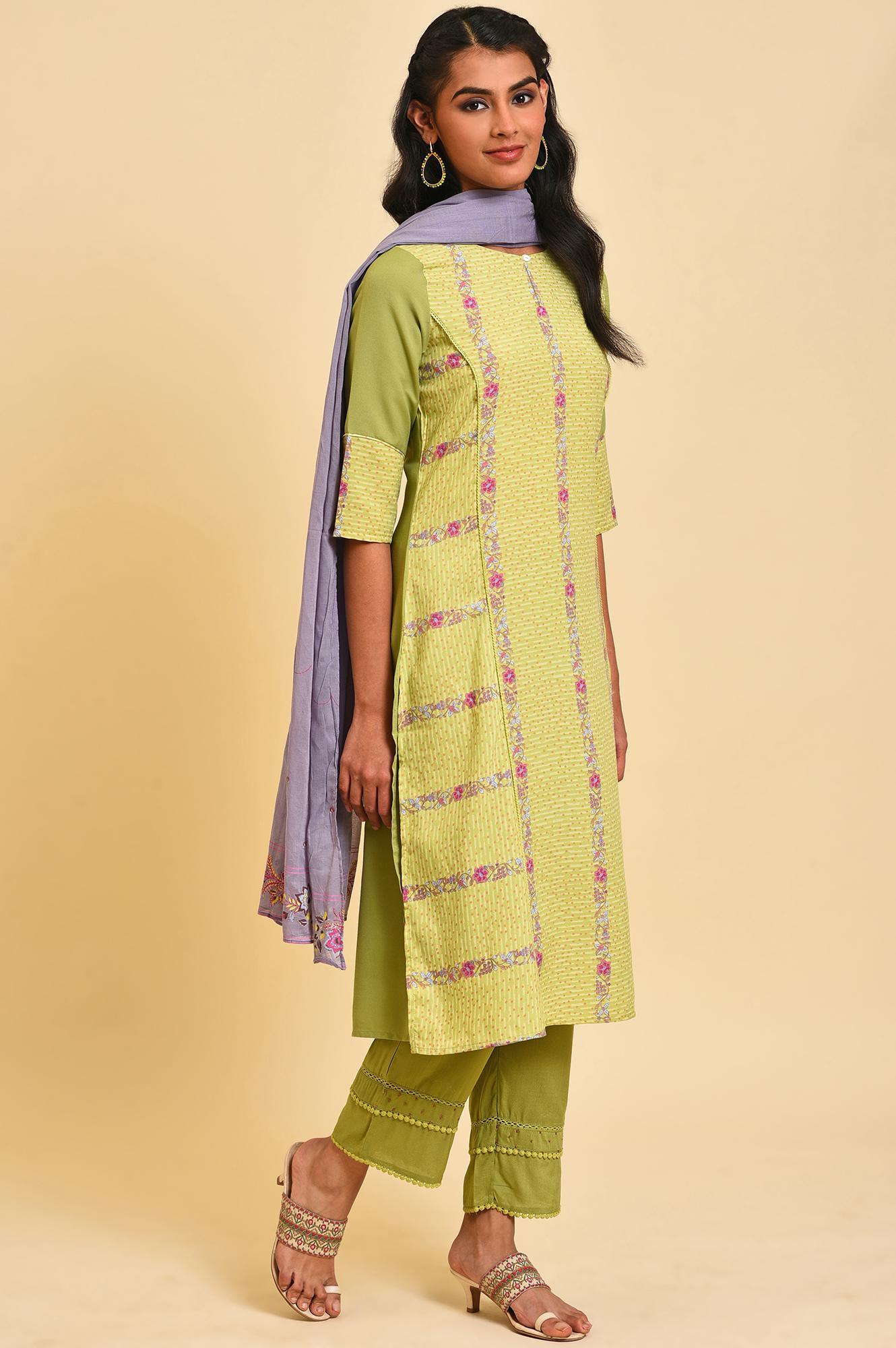 Green Floral Printed kurta Set - wforwoman