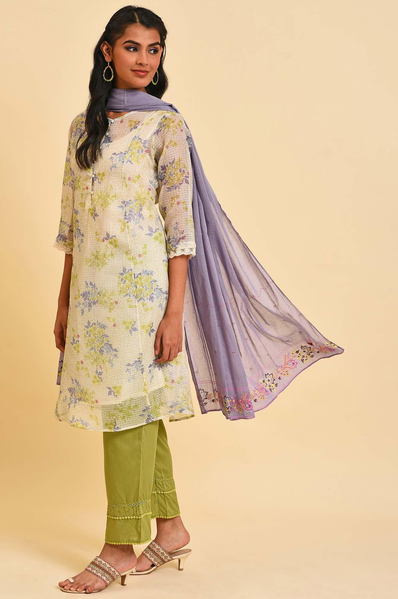 Ecru Kota Floral kurta Set - wforwoman