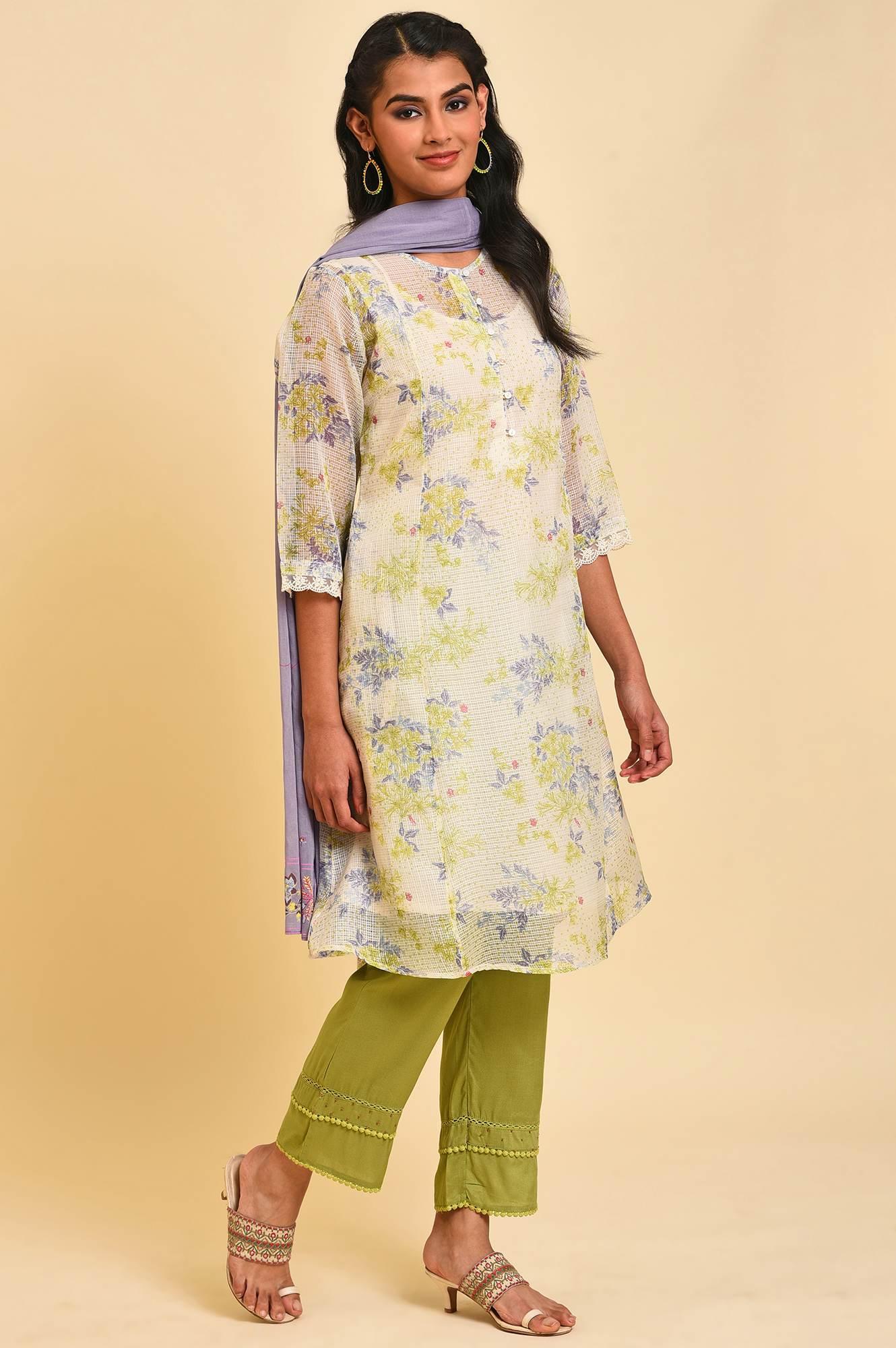 Ecru Kota Floral kurta Set - wforwoman